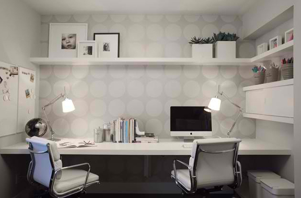 arbeitszimmer gestalten heimbüro wandtapeten muster pünktchenmuster weiß elegant schlicht