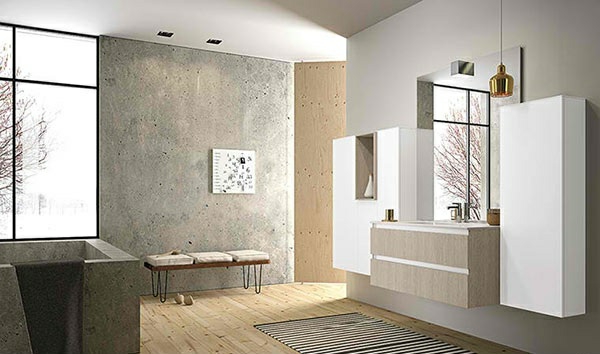 badezimmer betonoptik holzboden badezimmer möbel wandspiegel schränke