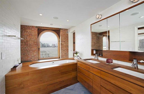 badezimmer rustikal badspiegel badmöbel ziegelwand