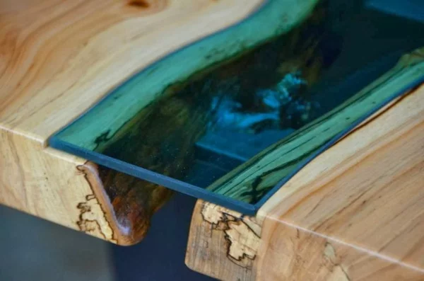 designer esstisch glas türkis fluss massivholz