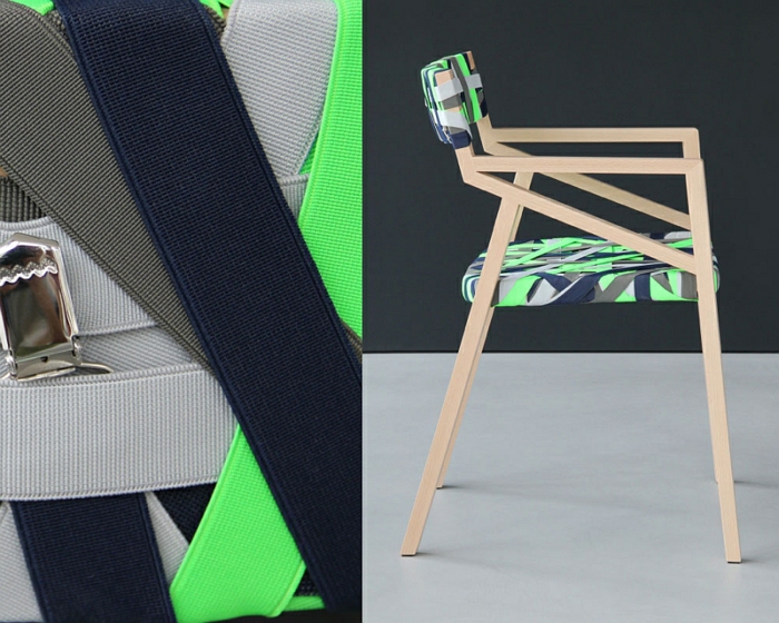 designer möbel Bretelle holzstühle sitz rücklehne hosenträger blau grau grün farbpalette