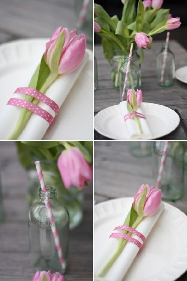 festliche tischdeko ideen ostertischdeko bastelideen servietten falten tulpe schleife