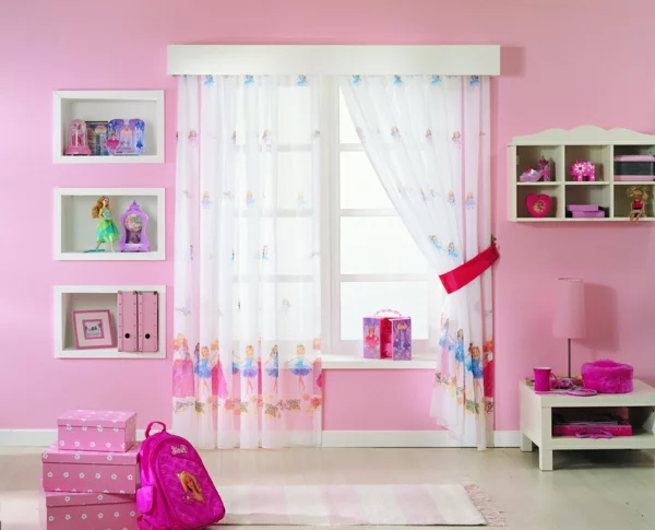 gardinen eingebaut regale kinderzimmer rosa verspielt wanddeko