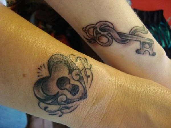 zwei Tattoos am Handgelenk mit Schlüssel und Schloss in Herz-Form 