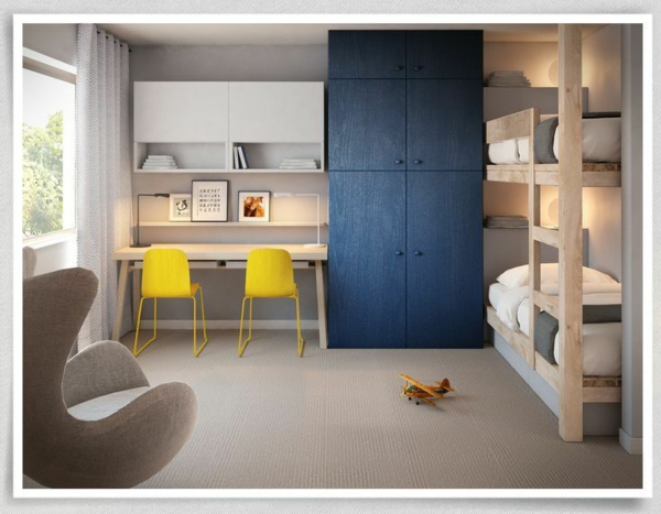 kinder-etagenbett -bilder-jugendzimmer-baby-modern-gelb-bürostühle