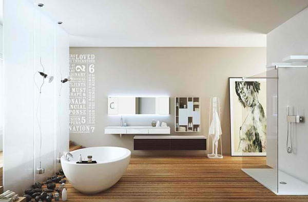moderne badezimmer freistehende badewanne dusche wandgestaltung holzboden moma design