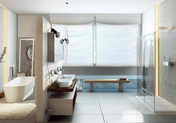 moderne badezimmer freistehende badewanne trennwand dusche moma design