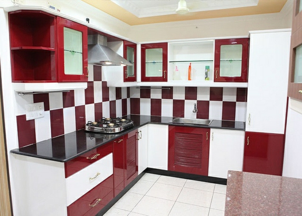 modulküchen designideen küche rot weiß quadratmuster