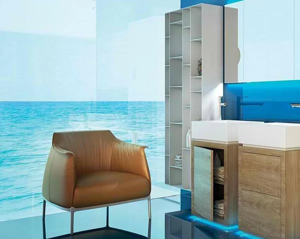 modernes badezimmer möbel polstersessel glaswände meerblick moma design