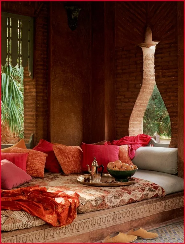 design orientalisches  schlafzimmer ziegelwände bett dekokissen