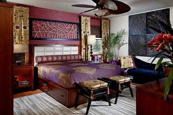 schlafzimmer asiatisches design gold und lila