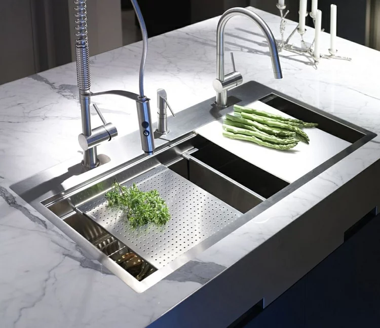 rostfreier edelstahl küchenarmatur moderne küche wasserhahn doppelspüle kücheninsel arbeitsplatte marmor