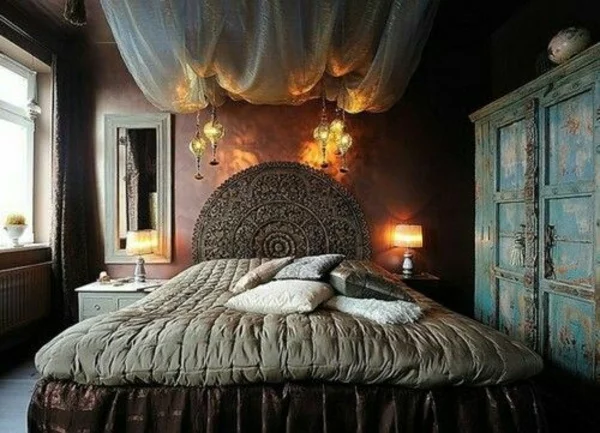 schlafzimmer orientalisch bett gardinen beleuchtung