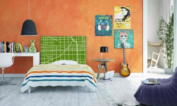 schlafzimmer einrichtungsideen bettkopfteil wandfarbe orange wanddeko ideen