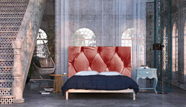 schlafzimmer einrichtungsideen im orientalischen stil bettkopfteil vorhänge polsterbett 
