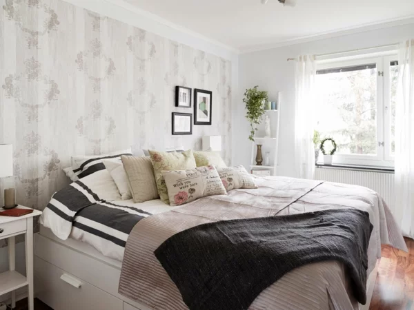 schlafzimmer einrichtungsideen skandinavischer stil wandtapete