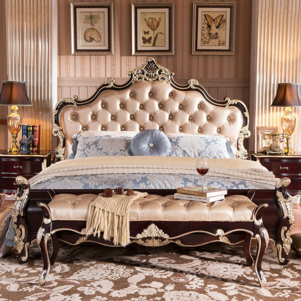 schlafzimmer gestalten luxus zimmereinrichtung kopfteil leder gepolstert barockstil ornamente bettbank