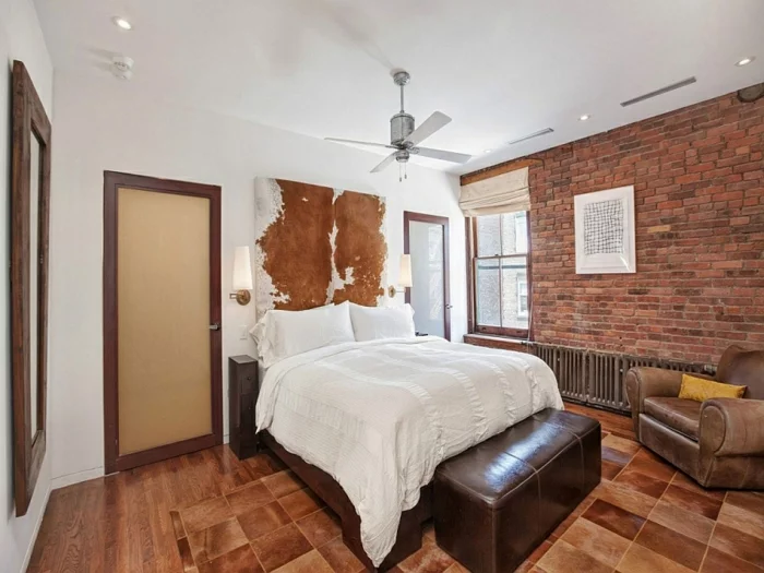 schlafzimmer gestalten moderne inneneinrichtung rustikal ziegelwand leder new york stadtwohnung