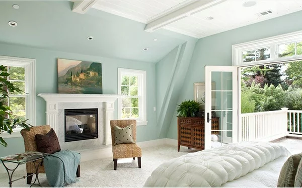 schlafzimmer ideen klassisch schlicht kamin wandfarbe mintgrün