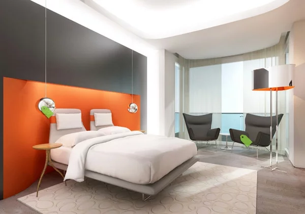 gestalten einrichtungsideen modern orange schlafzimmerwand 