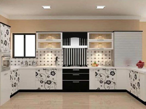modulküchen designideen küche schwarz weiß blumenmuster