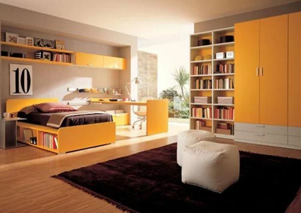 jugendzimmer für mädchen brauner teppich orange möbel