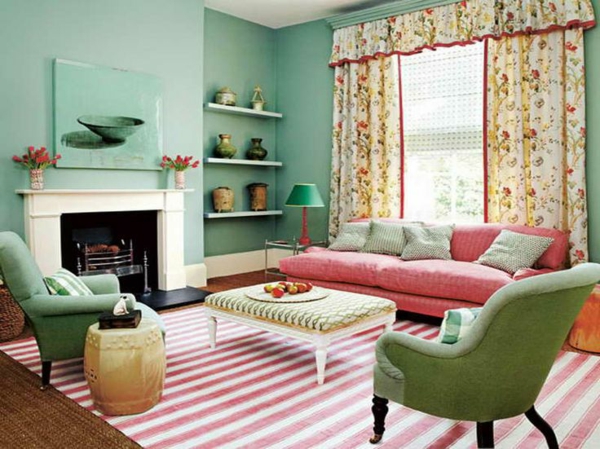 wandfarbe mintgrün wohnzimmer wände streichen farbkontraste setzen