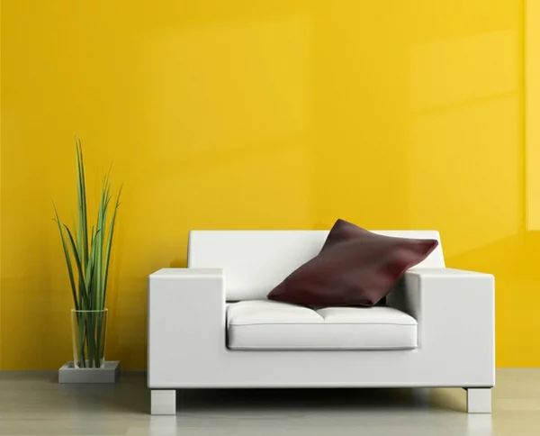 moderne Wandfarben Gelb als Akzent im Wohnzimmer sonnige Ausstrahlung im Raum