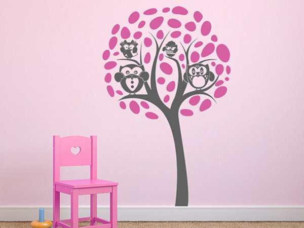 wandgestaltung kinderzimmer einrichten wandtattoo baum eulen rosa wandfarbe mädchenzimmer