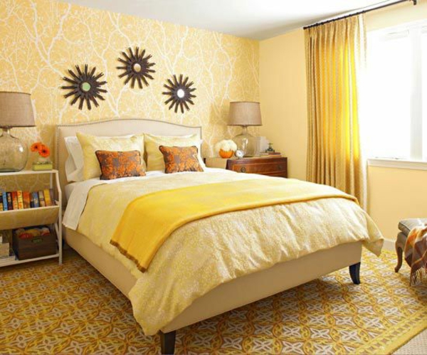 farbideen schlafzimmer gelbe gestaltung bett tapeten