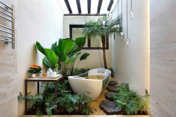 badezimmer einrichten zimmerpflanzen badmöbel