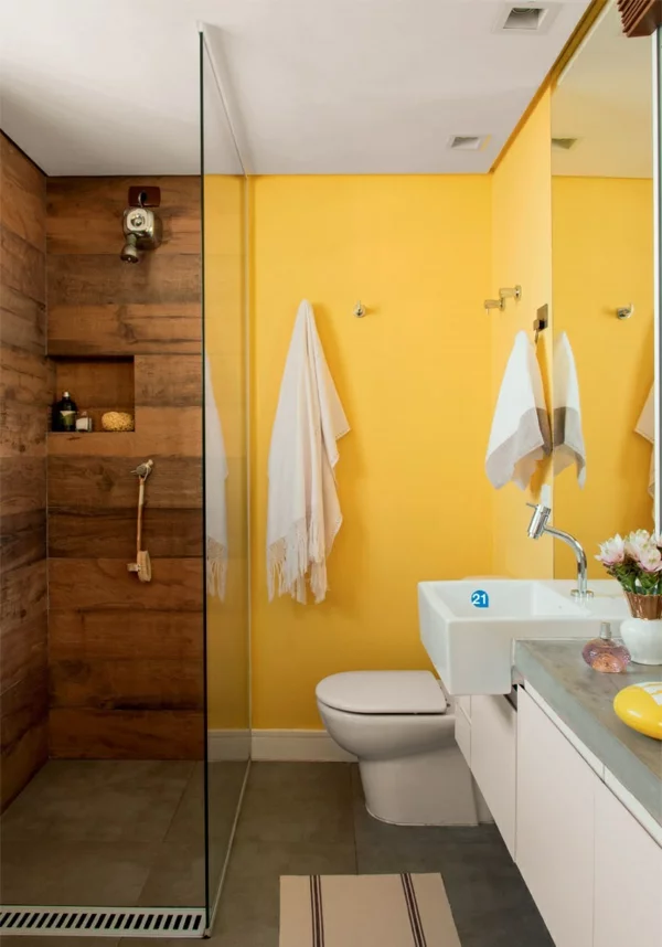 einrichtungsideen wohnideen arbeitszimmer badezimmer einrichten bodengleiche dusche wandfarbe gelb
