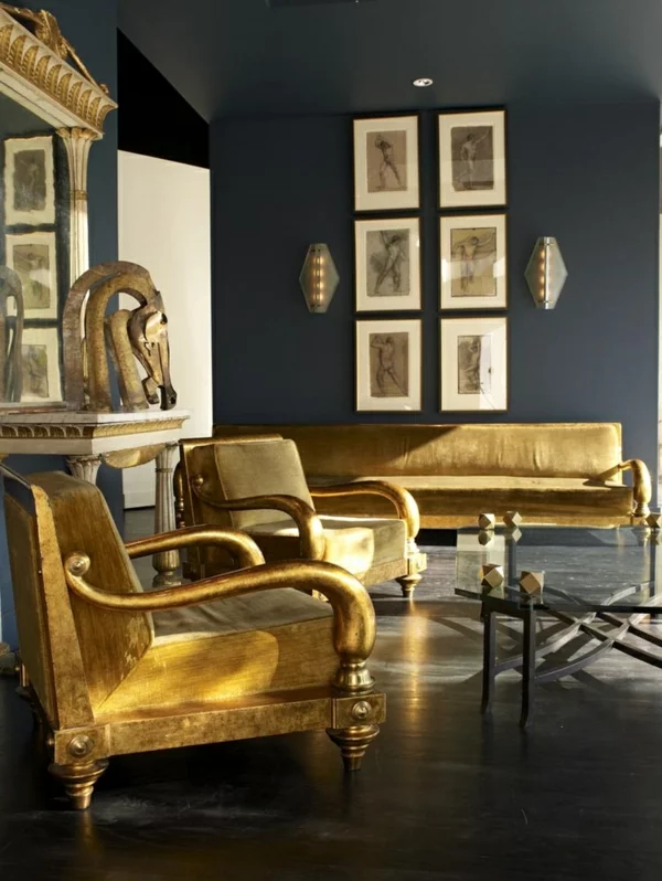 innendesign ideen ägyptischer stil farbakzente gold wohnzimmer wohnideen