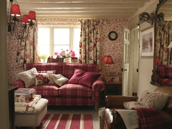 wohnideen wohnzimmer polstermöbel retro design ideen englischer stil farbgestaltung rot