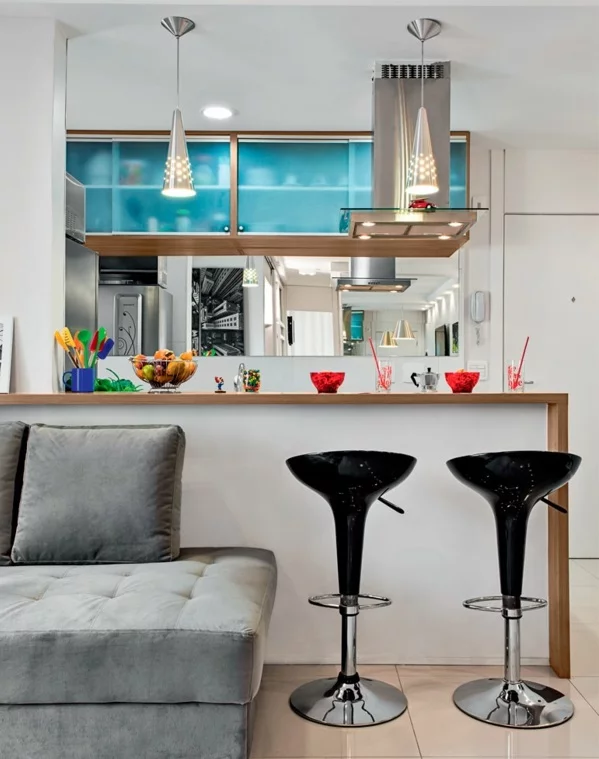 Wohnzimmergestaltung Ideen modern sofa barhocker glanz