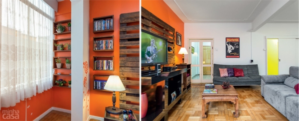 bauen mit paleten tv wohnwand wohnzimmer wandfarbe orange wandregale holz