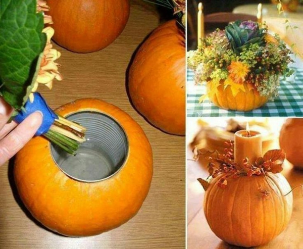 halloween deko ideen aus kürbissen vase kerzenständer