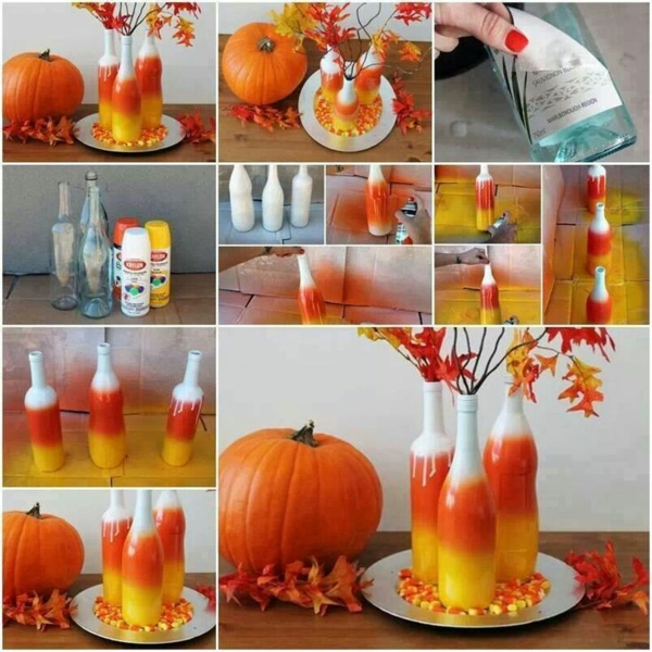 halloween deko ideen flaschen farbspray gelb orange kürbis herbstblätter