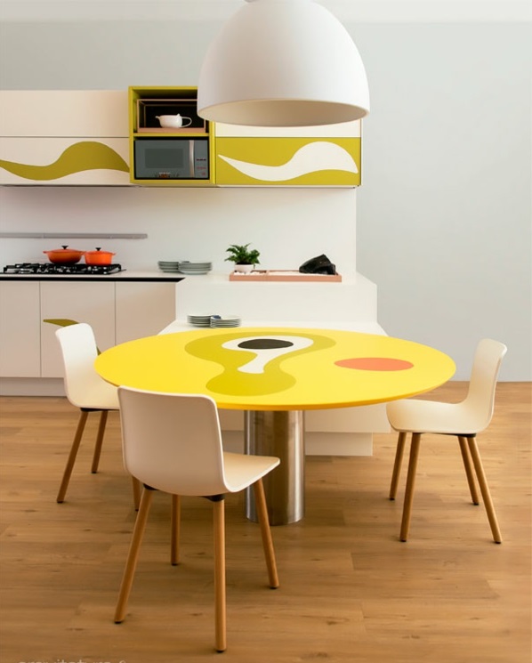 kücheneinrichtung ideen küchenausstattung küchenmöbel esstisch rund gelb stühle