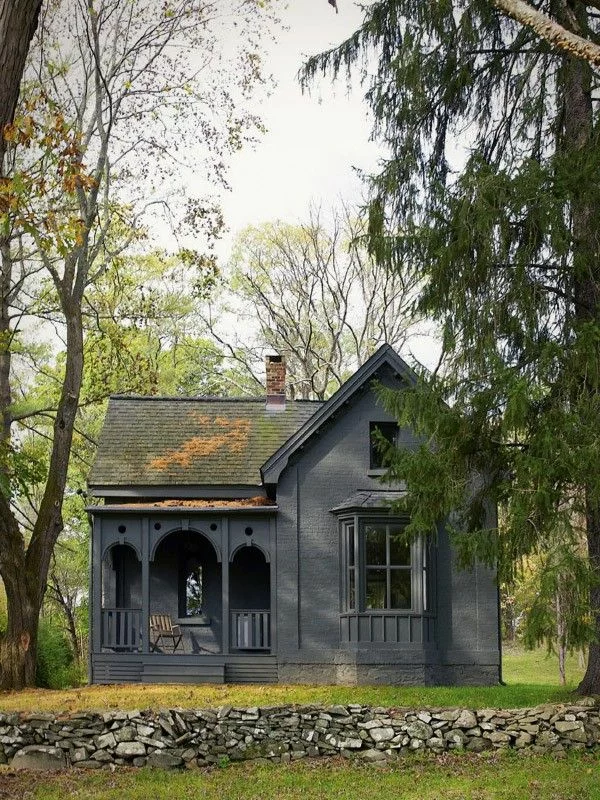 kleines Haus im Wald mit grauer Fassade