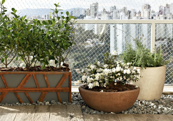 moderne terrassengestaltung stadtwohnung topfpflanzen holzkübel holzboden kieselsteine