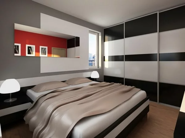 schlafzimmer wandfarbe grau teppichboden klassische farbmischung farbakzent rot