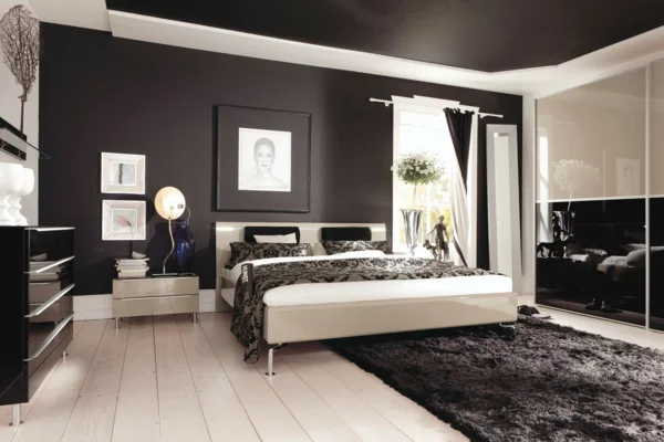 schlafzimmer wandfarbe schwarz teppichboden klassische farbmischung neutral