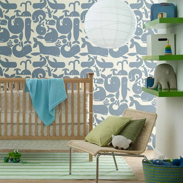 babyzimmer tapeten möbel wandgestaltung muster blau wassertiere