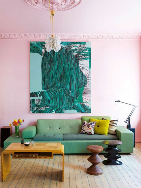 wandfarben wohnzimmer rosa grün gewagte farbgestaltung
