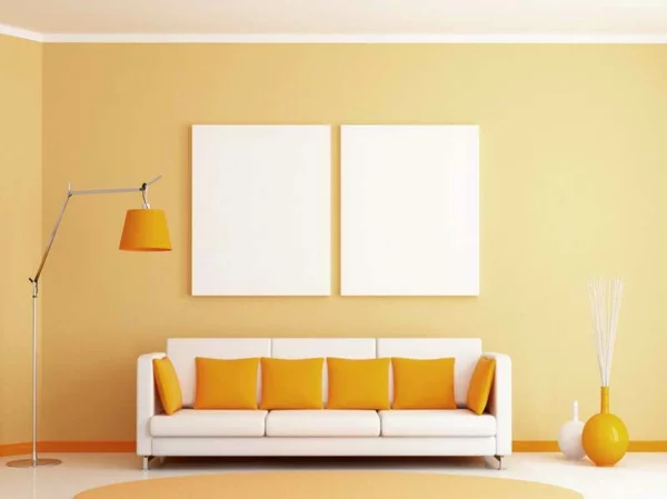 wandfarben wohnzimmer warme farbgestaltung pastellfarben gelb