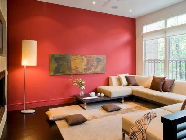wandfarben wohnzimmer warme farbgestaltung rot akzentwand