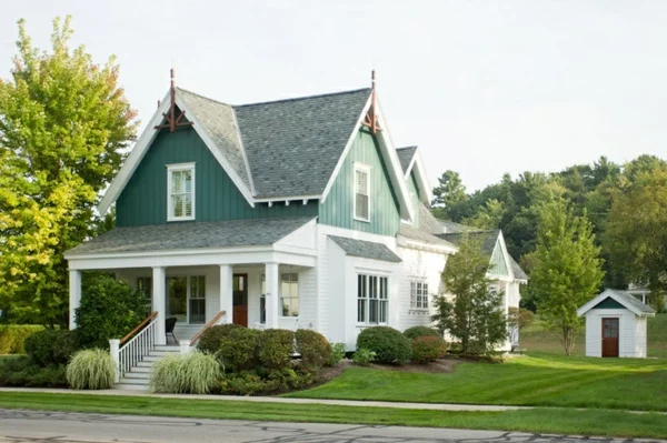 Fassadengestaltung Einfamilienhaus fassaden farben grünvorgarten gestalten pflanzen