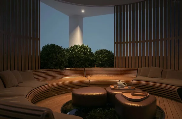 Luxus Ambiente gestalten mit eleganten Polstermöbeln drei Cuchtische rund in der Zimmermitte aus Leder 