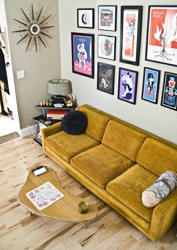 bilder wand wohnzimmer möbel modern trendy gelb polsterung